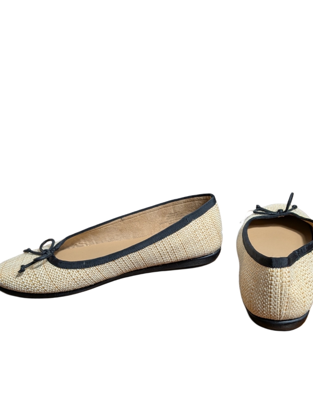 Aerosoles Womens 10W Wide Natural Beige Woven Ballet Flats Black Bow Slip On NWO - Picture 8 of 9